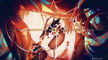 1girl earrings highres jewelry looking_at_viewer mavuika_(genshin_impact) meroo_art multicolored_eyes multicolored_hair open_mouth orange_eyes orange_hair red_eyes red_hair smile solo split_screen sunglasses symbol_in_eye twitter_username