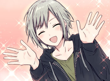 Rule 34 | 1girl, :d, ^ ^, black jacket, closed eyes, collared shirt, commentary request, facing viewer, green shirt, grey hair, highres, hinomori shiho, hood, hooded jacket, jacket, long sleeves, open clothes, open hands, open jacket, open mouth, pink background, project sekai, shirt, smile, solo, sparkle, upper body, v-shaped eyebrows, yukitake (bullfalk)