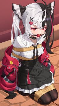 1girl absurdres ahoge ball_gag black_hair black_pantyhose black_skirt breasts closed_mouth collared_shirt commentary_request eyeshadow gag hair_ornament heart heart_hair_ornament highres jacket lacrimosa_(nte) long_hair looking_at_viewer makeup multicolored_hair neverness_to_everness pantyhose red_eyes red_eyeshadow red_jacket red_streaks restrained shirt skirt small_breasts solo streaked_hair twintails two-tone_hair very_long_hair white_hair wo_cao_xiao x_hair_ornament