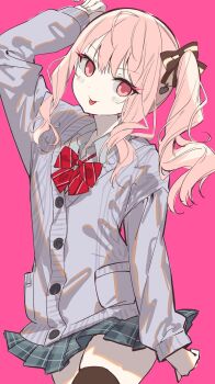 1other aimi_(mimi_nii2) akiyama_mizuki arm_at_side arm_up black_thighhighs bow bowtie brown_bow buttons cable_knit cardigan closed_mouth collared_shirt cowboy_shot diagonal-striped_bow diagonal-striped_bowtie diagonal-striped_clothes drill_hair drill_sidelocks fingernails grey_cardigan grey_skirt hair_between_eyes hair_over_shoulder hashtag-only_commentary head_tilt high_side_ponytail highres kamiyama_high_school_uniform_(project_sekai) long_hair long_sleeves looking_at_viewer miniskirt other_focus pink_background pink_eyes pink_hair plaid_clothes plaid_skirt pleated_skirt project_sekai puffy_long_sleeves puffy_sleeves red_bow red_bowtie school_uniform shirt side_drill side_ponytail sidelocks simple_background skirt sleeves_past_wrists smile standing striped_bow striped_bowtie striped_clothes swept_bangs thighhighs tongue tongue_out two-tone_bow v-shaped_eyebrows white_shirt yellow_bow zettai_ryouiki