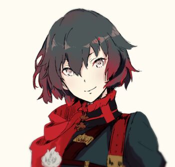 1girl black_hair black_shirt cape flower gradient_hair grey_eyes hayami_ritsu highres looking_at_viewer military military_uniform multicolored_hair red_cape red_hair rooster_teeth rose ruby_rose rwby shirt short_hair smile solo strap upper_body white_background
