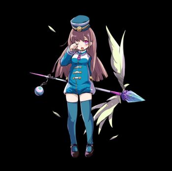 arm_behind_back black_background black_shoes blue_dress blue_hat blue_thighhighs breasts brown_hair collared_dress crying dress full_body hand_up hat highres holding holding_staff koron_(merc_storia) long_hair long_sleeves mary_janes medium_breasts merc_storia merc_storia_art_team official_art one_eye_closed pink_eyes rubbing_eyes shoes simple_background solo staff standing tachi-e tearing_up thighhighs