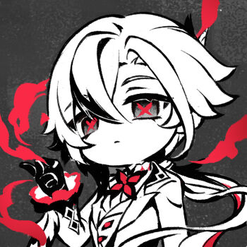 arlecchino_(genshin_impact) black_eyes black_hands chibi chibi_only coat colored_extremities fingernail_gloves genshin_impact multicolored_hair red_pupils shixue_shaonu_lao streaked_hair symbol-shaped_pupils white_coat white_hair