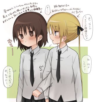 2girls blonde_hair blue_eyes blush brown_eyes brown_hair hair_ribbon hanabi_(yuruneko0624) highres kill_me_baby long_hair multiple_girls necktie open_mouth oribe_yasuna pout ribbon school_uniform short_hair skirt sonya_(kill_me_baby) translation_request twintails