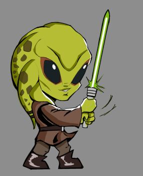 Rule 34 | 1boy, alien, blqck boots, brown pants, brown tunic, chibi, colored skin, david dosaan, energy sword, green lightsaber, green skin, grey background, holding, holding sword, holding weapon, kit fisto, lightsaber, nautolan, pants, simple background, solo, star wars, sword, tunic, weapon