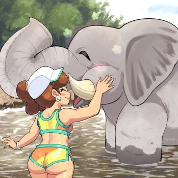 1girl brown_hair closed_eyes crop_top earrings elephant hat hotpants jewelry mario_(series) mario_kart nintendo partially_submerged petting ponytail princess_daisy shorts smile super_smash_bros.