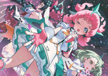 3girls absurdres angels_of_delusion aqua_hair aqua_streaks aria_(zenless_zone_zero) arm_warmers bare_shoulders black_bow black_hair black_sleeves black_thighhighs blue_eyes bow breasts center_frills colored_inner_hair commentary confetti detached_sleeves dress earrings fingerless_gloves frilled_sleeves frills gloves green_bow green_eyes green_hair hair_bow hair_ornament heart heart_hair_ornament highres holding holding_microphone jewelry layered_dress looking_at_viewer microphone multicolored_hair multiple_girls multiple_hair_bows multiple_hair_clips musical_note_earrings nangong_yu necktie one_eye_closed open_mouth pink_arm_warmers pink_gloves pink_hair red_eyes red_necktie shirt small_breasts street_fighter striped_arm_warmers sunna_(zenless_zone_zero) tanjwi thighhighs white_dress white_shirt white_wings wings zenless_zone_zero