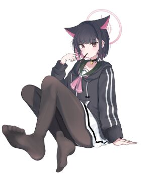 1girl animal_ears arm_at_side black_choker black_hair black_hoodie blue_archive blush brown_eyes brown_pantyhose cat_ears choker colored_inner_hair commentary_request drawstring food food_in_mouth full_body green_sailor_collar halo hand_up highres hood hood_down hoodie kazusa_(blue_archive) knees_up leg_up long_sleeves looking_at_viewer miniskirt mouth_hold multicolored_hair neckerchief no_shoes panties panties_under_pantyhose pantyhose pendant_choker pink_hair pink_halo pink_neckerchief pocky pocky_in_mouth raised_eyebrows sailor_collar school_uniform serafuku simple_background single_horizontal_stripe sitting skirt solo striped_clothes striped_hoodie striped_skirt tjhyn_06 two-tone_hair underwear white_background white_panties white_skirt