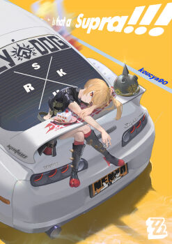 +_+ 2girls absurdres artist_name black_jacket blonde_hair boots cake car combat_helmet crossed_legs english_text exhaust food fork glint head_rest helmet highres inward_v jacket koucya90 long_hair looking_at_viewer luciana_de_montefio motion_blur motor_vehicle multiple_girls on_car pickelhaube piper_wheel plate red_eyes side_ponytail sitting smile strawberry_shortcake toyota toyota_supra toyota_supra_mk_iv unworn_headwear v zenless_zone_zero