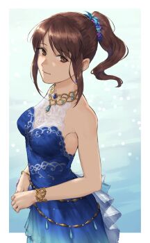 1girl bare_shoulders blue_dress breasts brown_eyes brown_hair dress highres idolmaster idolmaster_cinderella_girls jewelry kouzuki_kei light_smile looking_at_viewer medium_breasts mifune_miyu necklace ponytail sidelocks solo