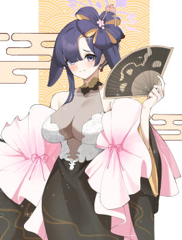 1girl absurdres alternate_costume alternate_hairstyle animal_ears bare_shoulders blue_archive blush breasts cleavage closed_mouth commentary dress folding_fan hair_between_eyes hairstyle_request hand_fan hand_up highres holding holding_fan kurochomo large_breasts looking_at_viewer lop_rabbit_ears purple_eyes purple_hair rabbit_ears see-through_cleavage see-through_clothes sleeveless sleeveless_dress solo tsukuyo_(blue_archive)