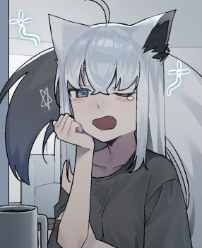 1girl ahoge animal_ears blue_eyes coffee coffee_mug collarbone commentary cup fang fox_ears fox_girl fox_tail hand_on_own_cheek hand_on_own_face hololive indoors korean_commentary long_hair looking_at_viewer mean_0603 mug off-shoulder_shirt off_shoulder one_eye_closed open_mouth shirakami_fubuki shirt solo squeans tail tearing_up upper_body waking_up white_hair yawning