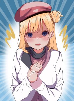 1girl absurdres agnes_claudel beret blonde_hair blue_eyes braid breasts bun_with_braided_base coat crazy_eyes eiyuu_densetsu empty_eyes hair_between_eyes hair_bun hat highres kai_no_kiseki kuro_no_kiseki_(series) large_breasts long_hair long_sleeves open_mouth red_hat ribbed_sweater shaded_face single_side_bun smile solo sweater upper_body yandere yuzi124