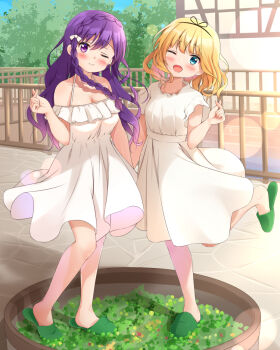 2girls blonde_hair blue_eyes blush braid breasts cleavage closed_mouth commentary_request dress gochuumon_wa_usagi_desu_ka? kirima_syaro long_hair looking_at_viewer medium_breasts medium_hair mika_miche multiple_girls off-shoulder_dress off_shoulder one_eye_closed open_mouth outdoors paid_reward_available purple_eyes purple_hair single_braid slippers small_breasts smile tedeza_rize white_dress you're_doing_it_wrong