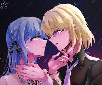 Rule 34 | 2girls, aaclaypot, absurdres, bang dream!, bang dream! it's mygo!!!!!, black ribbon, black shirt, blonde hair, blue hair, braid, chinese commentary, commentary request, crying, crying with eyes open, dated, hair ribbon, highres, long hair, misumi uika, multiple girls, necktie, orange eyes, purple eyes, purple necktie, raind, ribbon, shirt, short hair, sidelocks, tears, togawa sakiko, white shirt, yuri
