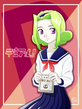 d_(dual!_parallel_trouble_adventure) dual!_parallel_trouble_adventure green_hair hairband purple_eyes school_uniform serafuku