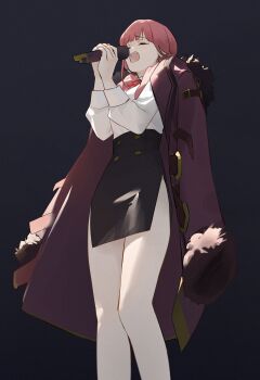 1girl absurdres aru_(blue_archive) bare_legs black_background black_skirt blue_archive blunt_bangs brown_coat closed_eyes coat coat_on_shoulders dokshuri eyelashes feet_out_of_frame fur-trimmed_coat fur_trim high-waist_skirt highres holding holding_microphone legs long_sleeves microphone neck_ribbon open_mouth own_hands_together pink_hair red_ribbon ribbon shirt side_slit simple_background skirt solo unfinished white_shirt