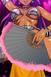 1girl animated anus armband bikini bracelet breasts dancer dark-skinned_female dark_skin dragon_quest earrings folding_fan hand_fan headgear heart_pasties jewelry kisuu legs_apart lips live2d loincloth long_hair looking_at_viewer lowres manya_(dq4) medium_breasts nail_polish navel pasties purple_hair see-through_clothes silver_bikini smile solo spread_legs squatting swimsuit tagme video