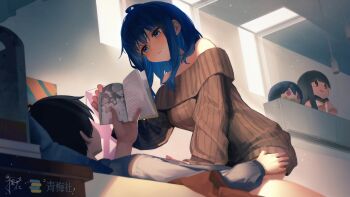 1boy 1girl absurdres ahoge arm_up bare_shoulders black_hair blue_eyes blue_hair blush book collared_shirt commentary_request dress girl_on_top hair_behind_ear hand_on_another&#039;s_thigh highres holding holding_book indoors light_particles light_rays looking_at_viewer lying make_heroine_ga_oo_sugiru! medium_hair meta nukumizu_kaju nukumizu_kazuhiko off-shoulder_sweater off_shoulder on_back on_bed ribbed_sweater shirt sklt_(swyt8223) sunbeam sunlight sweater sweater_dress window yakishio_lemon yanami_anna