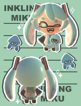 absurdres aqua_hair chibi chibi_only commentary fangs hatsune_miku highres inkling lavy_(lavnko) long_hair nintendo one_eye_closed open_mouth pointy_ears splatoon_(series) squid teeth twintails upper_teeth_only vocaloid