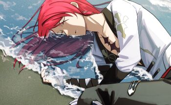 Rule 34 | bandaged arm, bandages, chest markings, collarbone, commentary request, contrast lapels, fate/grand order, fate (series), foaming waves, gloves, highres, lapels, long hair, long sleeves, lying, male focus, ocean, on side, one eye closed, parted bangs, partially submerged, partially visible vulva, plunging neckline, red hair, retkhsr, sleeping, tristan (fate), white gloves