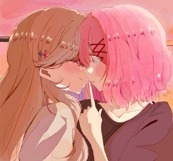 Rule 34 | 2girls, amaori renako, black shirt, blush, brown hair, closed eyes, closed mouth, commentary request, finger to mouth, highres, imminent kiss, index finger raised, long hair, multiple girls, pink hair, purple eyes, rn strb, sena ajisai, shirt, shushing, smile, watashi ga koibito ni nareru wake naijan murimuri!, white shirt, yuri