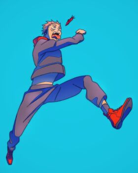 Rule 34 | 1boy, black jacket, black pants, black socks, blue background, commentary, deringshane, english commentary, facial mark, full body, highres, itadori yuuji, jacket, jujutsu kaisen, jujutsu tech uniform, male focus, midriff peek, open mouth, pants, pink hair, red shoes, running, shoes, short hair, socks, solo, tongue, tongue out