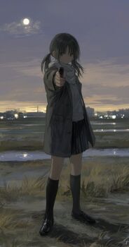 1girl black_hair closed_mouth cloud cloudy_sky full_moon kodoku220909 looking_at_viewer moon original outdoors skirt sky solo standing