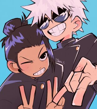 Rule 34 | 2boys, \n/, black eyes, black hair, black jacket, blue background, double v, ear piercing, getou suguru, gojou satoru, grin, hair bun, hair pulled back, hands up, highres, jacket, jujutsu kaisen, jujutsu tech uniform, long sleeves, looking at viewer, male focus, multiple boys, one eye closed, parody, piercing, round eyewear, school uniform, scott pilgrim (series), scott pilgrim takes off, short hair, simple background, smile, style parody, sunglasses, sybbatra, teeth, upper body, v, v-shaped eyebrows, white hair