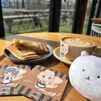 2girls :q apron artist_request blonde_hair blue_hair blurry blurry_background blush_stickers bow bowtie bread bread_slice brown_dress cafe character_name chibi child coffee commentary_request copyright_name cup dress fang food food_focus gochuumon_wa_usagi_desu_ka? green_eyes green_ribbon hair_ornament hands_up heart heart_hair_ornament highres holding holding_cup indoors jouga_maya kirima_syaro latte_art maid_apron maid_headdress medium_hair multiple_girls official_art petticoat photo_(medium) plate real_life ribbon saucer shoes skin_fang smile socks stuffed_toy table teacup tippy_(gochiusa) toast tongue tongue_out window yellow_bow yellow_bowtie yellow_eyes