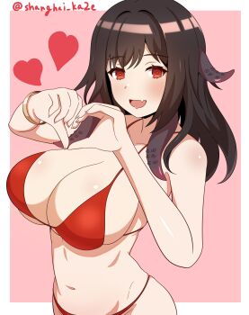 Rule 34 | 1girl, artist name, azur lane, bare shoulders, bikini, black hair, breasts, cleavage, collarbone, commentary request, fang, heart, heart hands, highres, large breasts, long hair, looking at viewer, official alternate costume, open mouth, pink background, red bikini, red eyes, royal fortune (azur lane), royal fortune (eyes on the prize) (azur lane), shanghai kani, simple background, skin fang, solo, suction cups, swimsuit, tentacle hair, two-tone background