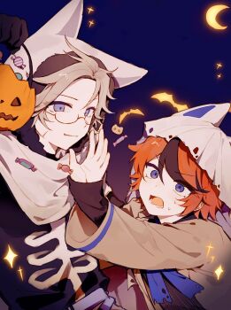 2boys absurdres animal_ear_hood aotsuki_eito black_gloves black_shirt black_streaks blue_background blue_eyes brown_jacket bucket candy chinese_commentary commentary_request crescent_moon fake_animal_ears fang food glasses gloves gradient_background grey_hair gryzo halloween halloween_bucket halloween_costume highres holding holding_bucket hood hood_up jacket looking_at_another looking_at_object male_focus moon multicolored_hair multiple_boys open_mouth purple_eyes red_background red_hair scarf shirt short_hair streaked_hair sumino_takumi sweat the_hundred_line_-last_defense_academy- variant_set white_scarf wrapped_candy
