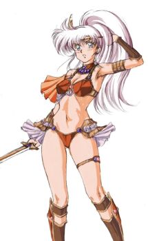 1girl arm_up armor armpits bikini bikini_armor blue_eyes boots breasts brown_boots circlet cleavage frilled_bikini frills gluteal_fold hand_in_own_hair kankanze legend_of_lemnear lemnear long_hair navel ponytail red_bikini solo standing stomach swimsuit sword thigh_strap thighs weapon white_hair