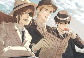 1other 2boys black_hair black_hat black_jacket black_necktie blonde_hair blue_eyes brown_eyes brown_hair brown_necktie candy cloud cloudy_sky collared_shirt diaris115 erwin_smith eyepatch fedora food glasses grey_hat grey_jacket hange_zoe hat highres holding holding_candy holding_food holding_lollipop holding_newspaper jacket levi_(shingeki_no_kyojin) lollipop lollipop_in_mouth looking_at_viewer male_focus multiple_boys necktie newspaper open_mouth parted_lips ponytail shingeki_no_kyojin shirt sky smile suit_jacket twitter_username upper_body white_shirt