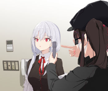 2girls black_cardigan black_hair black_hat black_skirt black_sweater breasts cardigan coat corded_phone empty_eyes grey_hair hair_ornament hairclip hakase_fuyuki hakase_fuyuki_(1st_costume) hat highres jacket lab_coat light_switch long_hair looking_afar looking_at_another low_twintails mask meme meme_request men_in_black mouth_mask multiple_girls neck_ribbon neuralyzer nijisanji off_shoulder open_clothes open_coat open_mouth phone pointing pointing_at_object pointing_to_the_side red_eyes red_ribbon ribbon skirt standing sunglasses sweater twintails upper_body vane_(vane0) virtual_youtuber white_jacket yorumi_rena
