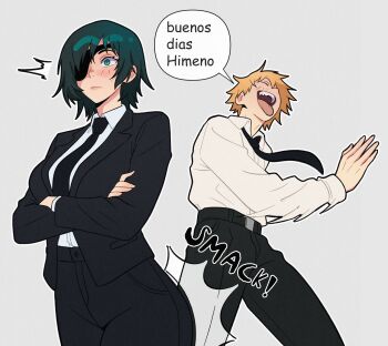 1boy 1girl belt black_belt black_jacket black_necktie black_pants black_suit blonde_hair blue_eyes blue_hair buenos_dias_mandy_(meme) celebelian chainsaw_man closed_mouth collared_shirt crossed_arms denji_(chainsaw_man) eyepatch formal_clothes grey_background highres himeno_(chainsaw_man) jacket meme necktie open_mouth pant_suit pants shirt short_hair simple_background slapping speech_bubble suit suit_jacket teeth tongue tongue_out white_shirt