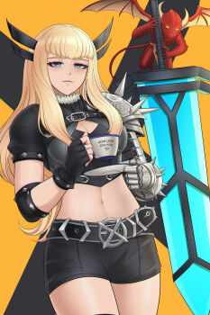 1girl 1other alavastircloud black_gloves black_shorts blonde_hair blue_eyes breasts cleavage closed_mouth commentary cup demon drinking_glass english_commentary fingerless_gloves gloves highres holding holding_cup holding_sword holding_weapon large_breasts long_hair long_sidelocks looking_at_viewer magik's_crown magik_(x-men) marvel marvel_tokon:_fighting_souls navel shorts sidelocks smile superhero_costume sword weapon x-men