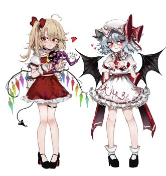 absurdres ahoge ascot bat_wings black_choker black_shoes blonde_hair blue_hair brooch choker commentary crystal_wings dress english_commentary flandre_scarlet frilled_dress frilled_shirt_collar frilled_skirt frills gap_(touhou) hair_ribbon hat heart heart_ahoge high_heels highres jewelry laevatein_(touhou) mary_janes mob_cap multicolored_wings ougiikun red_ascot red_eyes red_ribbon red_skirt red_vest remilia_scarlet ribbon shoes side_ponytail skirt tentacles thigh_strap touhou vest white_dress wings wrist_cuffs yellow_ascot