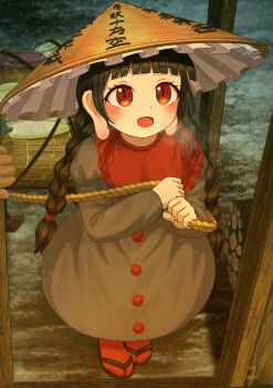 1girl absurdres ajirogasa blush braid breath brown_hair brown_hat capelet commentary commentary_request dress ekaapetto english_commentary grey_dress hat highres long_earlobes long_hair long_sleeves looking_at_viewer making-of_available mixed-language_commentary open_mouth paid_reward_available radish red_capelet red_eyes red_socks sandals smile socks solo touhou twin_braids yatadera_narumi