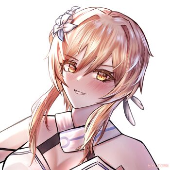 1girl absurdres bare_shoulders blonde_hair blush e.h.zonn flower genshin_impact hair_between_eyes hair_flower hair_intakes hair_ornament highres looking_at_viewer lumine_(genshin_impact) open_mouth short_hair_with_long_locks sidelocks smile white_background white_flower yellow_eyes