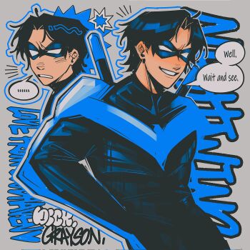 1boy batman_(series) black_bodysuit black_hair blue_bodysuit bodysuit character_name dc_comics dick_grayson english_text eye_mask highres huangyongshi07 male_focus mask multicolored_bodysuit nightwing solo solo_focus superhero_costume two-tone_bodysuit