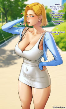 1girl absurdres android_18 artist_name blue_eyes blurry blurry_background blush breasts cleavage collarbone covered_navel dragon_ball dragonball_z earrings english_text fingernails hair_behind_ear heart highres impossible_clothes jewelry large_breasts long_sleeves looking_at_viewer medium_hair open_mouth outdoors red_lips roborobocap sharp_fingernails sleeves_past_wrists thick_thighs thighs tight_clothes twitter_username