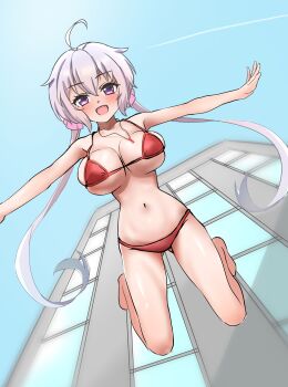 1girl :d absurdres ahoge armpit_crease barefoot bikini breasts building cleavage commentary_request double-parted_bangs falling floating_hair from_above hair_between_eyes hair_ornament hair_scrunchie highres jewelry kuru_t918 large_breasts long_hair looking_at_viewer looking_down micro_bikini narrow_waist navel necklace open_mouth pendant pink_scrunchie purple_eyes red_bikini scrunchie senki_zesshou_symphogear sideboob smile solo stomach swimsuit underboob very_long_hair white_hair yukine_chris
