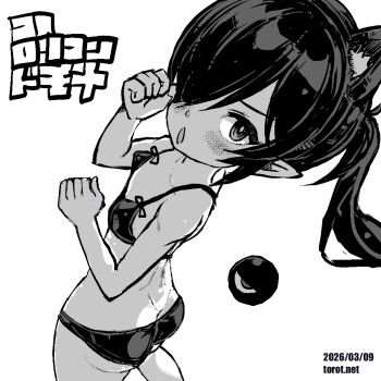 1girl animal_ears ass backbeako_(torotei) backbeard bikini blush breasts cat_ears clenched_hands commentary cowboy_shot dated dated_commentary from_side gegege_no_kitarou greyscale hair_over_one_eye hands_up kemonomimi_mode kono_lolicon_domome loli long_hair looking_at_viewer looking_to_the_side monochrome open_mouth original paid_reward_available pointy_ears simple_background small_breasts solo standing swimsuit torotei translated twintails watermark web_address white_background
