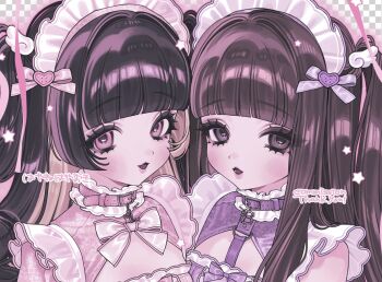 Rule 34 | 2girls, above-cleavage cutout, black eyes, blunt bangs, blush, bow, bowtie, checkered background, chinese clothes, clothing cutout, collar, colored inner hair, commentary request, commission, eyelashes, frilled collar, frilled hairband, frilled shirt, frills, hair intakes, hair ornament, hairband, hayane hayaoki, lace print, lips, long hair, looking at viewer, multicolored hair, multiple girls, open mouth, original, pink bow, pink collar, pink eyes, pink hair, pink shirt, portrait, print shirt, purple bow, purple collar, purple shirt, shirt, sidelocks, star (symbol), thank you, translation request, two side up, wing hair ornament