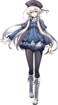 1girl altina_orion beret black_hat black_pantyhose boots capelet double-parted_bangs eiyuu_densetsu floating_hair full_body green_eyes hair_between_eyes hat highres jacket knee_boots lace-up_boots langrisser langrisser_mobile long_hair long_sleeves looking_at_viewer official_art pantyhose school_uniform sen_no_kiseki sen_no_kiseki_(series) sen_no_kiseki_iii simple_background skirt solo tachi-e thors_military_academy_branch_campus_uniform transparent_background two_side_up white_boots white_hair