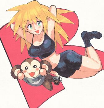 1girl :d arms_behind_head bike_shorts black_footwear blonde_hair breasts data_(mega_man) green_eyes inkerton-kun large_breasts long_hair looking_at_viewer mega_man_(series) mega_man_legends_(series) monkey navel no_shoes open_mouth roll_caskett_(mega_man) shorts simple_background smile solo