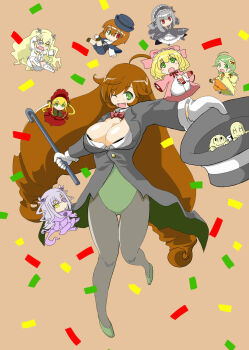 2boys 2channel 6+girls ahoge alternate_breast_size_(larger) alternate_costume barasuishou black_corset blonde_hair bloomers blue_capelet blue_shorts bonnet boots bow bowtie breasts brown_background brown_hair capelet chibi cleavage coat commentary_request confetti corset cross cross_print dress drill_hair drill_sidelocks flower flower_eyepatch frilled_dress frilled_hairband frills full_body gothic_lolita green_bow green_bowtie green_eyes green_hair green_leotard grey_coat grey_dress grey_hair grey_hairband grey_pantyhose grey_ribbon hair_bow hair_flower hair_ornament hair_ribbon hairband hat heart heart_hair_ornament heterochromia highres hinaichigo itini-sanshi kanaria kirakishou large_breasts leotard lolita_fashion lolita_hairband long_hair long_sleeves looking_at_viewer magician multiple_boys multiple_girls neck_ribbon one_eye_closed open_mouth orange_bloomers pantyhose pink_bow pink_coat purple_boots purple_flower purple_rose purple_shirt purple_skirt quad_drills red_bonnet red_capelet red_dress red_eyes red_ribbon ribbon rose rozen_maiden shinku shirt short_hair shorts sidelocks skirt smile souseiseki suigintou suiseiseki top_hat twin_drills twintails underwear very_long_hair white_bloomers white_boots white_flower white_rose white_shirt white_skirt yaranaio yaruo yellow_coat yellow_eyes