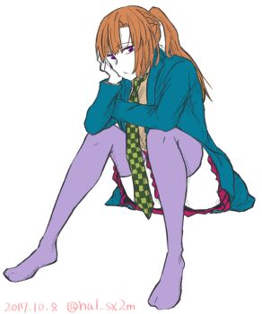 1girl :t argyle_clothes argyle_necktie arm_support asymmetrical_bangs blazer blue_jacket blunt_bangs braid breasts brown_shirt casual checkered_clothes checkered_necktie chidouin_sara closed_mouth collared_shirt convenient_censoring convenient_leg dated expressionless feet female_focus full_body green_necktie hand_on_own_cheek hand_on_own_face hatching_(texture) head_rest high_ponytail highres jacket kimi_ga_shine knees_up lapels leaning_forward legs long_hair long_sleeves looking_at_viewer looking_to_the_side medium_breasts miniskirt necktie no_shoes notched_lapels open_clothes open_jacket orange_hair pale-skinned pale-skinned-female pale_skin photoshop_(medium) plaid_clothes plaid_necktie pleated_skirt ponytail pout purple_eyes purple_skirt purple_stockings school_uniform shirt side_braid side_ponytail sidelocks simple_background sitting skirt solo thighhighs thighs twitter_username unmoving_pattern upskirt white_background zettai_ryouiki