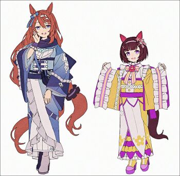 2girls :d adapted_costume animal_ears asymmetrical_footwear bag black_boots black_scrunchie blue_bag blue_bow blue_eyes blue_kimono blue_scarf blue_wrist_cuffs blunt_bangs bob_cut boots bow bow_flower bowtie brown_hair commentary_request ear_covers floral_print floral_print_kimono flower flower_ornament frilled_kimono frilled_wrist_cuffs frills hair_between_eyes hair_bow hair_flower hair_ornament hair_scrunchie hakusai_(tiahszld) hand_on_own_cheek hand_on_own_face hand_up hands_up high_heel_boots high_heels horse_ears horse_girl horse_tail japanese_clothes kimono layered_kimono long_hair long_sleeves looking_at_viewer low-tied_long_hair mismatched_footwear multicolored_hair multicolored_kimono multiple_girls nishino_flower_(layered_petals)_(umamusume) nishino_flower_(umamusume) obi open_mouth pink_bow pink_bowtie pink_flower print_kimono purple_eyes purple_kimono purple_sash purple_shoes sash scarf scrunchie shoes short_hair shoulder_bag simple_background sleeves_past_wrists smile standing streaked_hair striped_bow striped_bowtie striped_clothes super_creek_(murmuring_stream)_(umamusume) super_creek_(umamusume) tail teeth two-tone_bow two-tone_bowtie two-tone_kimono two-tone_sash umamusume upper_teeth_only very_long_hair white_background white_boots white_kimono white_streaks wide_sleeves wrist_cuffs x_hair_ornament yellow_bow yellow_bowtie yellow_kimono yellow_sash yellow_shoes